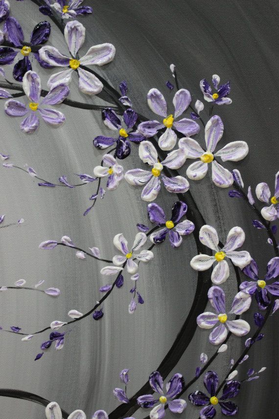 a painting of purple and white flowers on a gray background