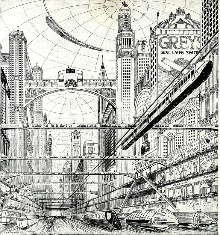 a black and white drawing of a futuristic city