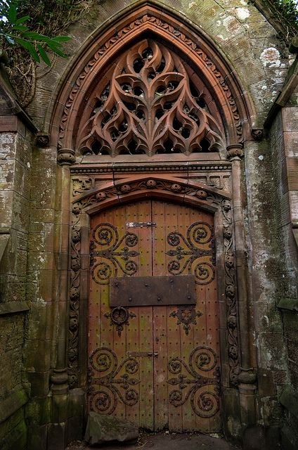 an old church door with vines growing over it