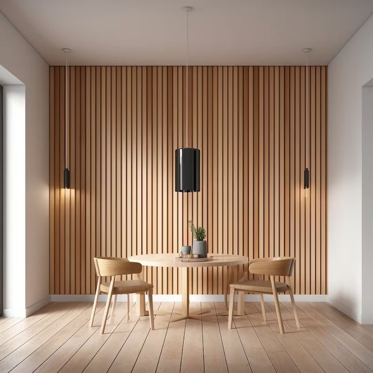 two chairs sitting at a table in front of a wall with vertical slats on it