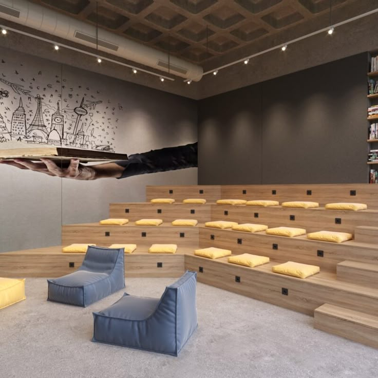 an empty room with several chairs and bookshelves on the wall next to each other