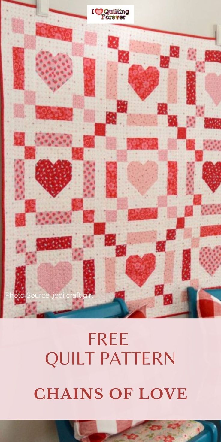 a red and white quilt with the words free quilt pattern chains of love on it