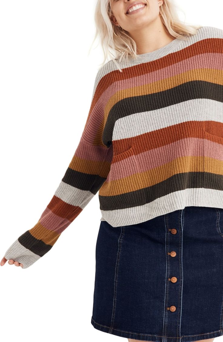 Retro Patch, Style At A Certain Age, Arctic Ice, Striped Crewneck, Madewell Sweater, Beautiful Sweater, Sweaters Online, Sweaters Oversized, High Low Hem