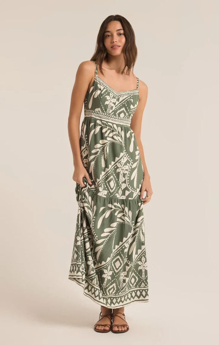 Feel effortlessly pretty all day in this maxi dress, featuring a fitted bodice and a full, tiered skirt with delicate shirring for added volume. Made from lightweight rayon linen fabric, it boasts a sweetheart neckline and adjustable spaghetti straps, making it an ideal choice for any occasion. Regular fit Rayon Linen: 85% Viscose, 15% Linen Lining: 100% Rayon Sweetheart neck Sleeveless Midi length Adjustable spaghetti strap Lightweight Heavy soft wash Machine Wash Cold, Gentle Cycle, Lay Flat t Effortlessly Pretty, Tooled Leather Handbags, Palm Green, Mood Jewelry, Chic Leather, Tier Skirt, Fall Shopping, Sweetheart Neck, Tiered Skirt