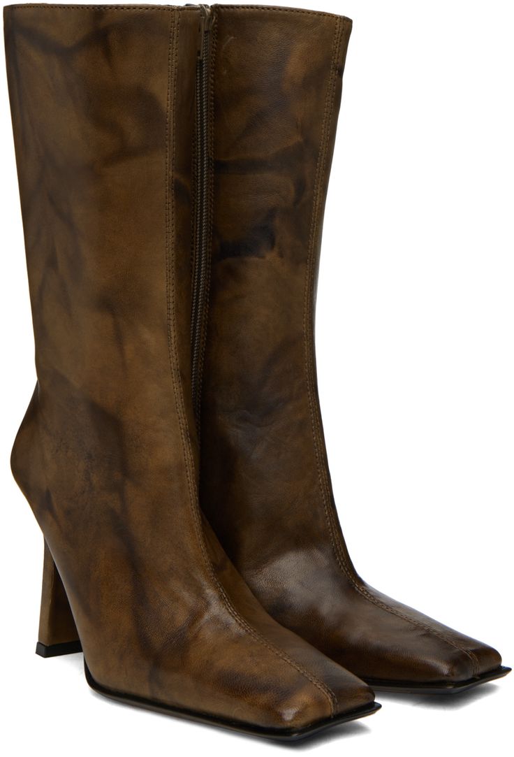 Handcrafted mid-calf vegetable-tanned nappa lambskin boots in brown. · Square toe · Zip closure at inner side · Elasticized gusset at collar · Buffed calfskin lining · Covered stiletto heel with rubber injection · Leather sole with rubber injections · Heel: H4 in Supplier color: Brown Brown Calf Leather Boots With Sculpted Heel, Fitted Leather Mid-calf Boots, Brown Calf Leather Mid-calf Boots With Round Toe, Brown Mid-calf Boots With Round Toe In Calf Leather, Brown Mid-calf Leather Boots, Brown Mid-calf Boots With Reinforced Heel And Square Toe, Leather Mid-calf Boots With Leather Sole, Fitted Brown Calf Leather Boots, Brown Leather Mid-calf Boots