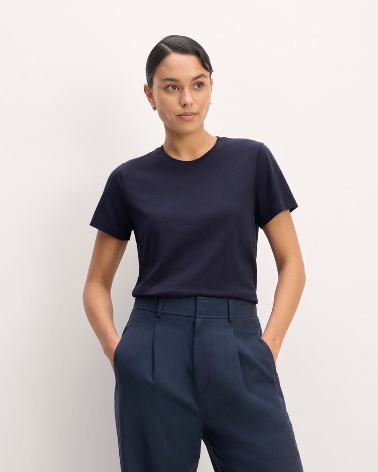 The Organic Cotton Slim Crew Tee Navy – Everlane Classic Fitted Crew Neck T-shirt, Fitted Organic Cotton Top For Fall, Classic Fitted Tops With Straight Hem, Classic Fitted Cotton T-shirt, Fitted Everlane Tops For Everyday, Everyday Fitted Everlane Tops, Classic T-shirt For Workwear In Fall, Everlane Classic Tops With Relaxed Fit, Classic Organic Cotton Solid Tops