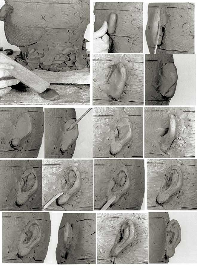 the process of making a clay sculpture is shown in black and white, with many different images