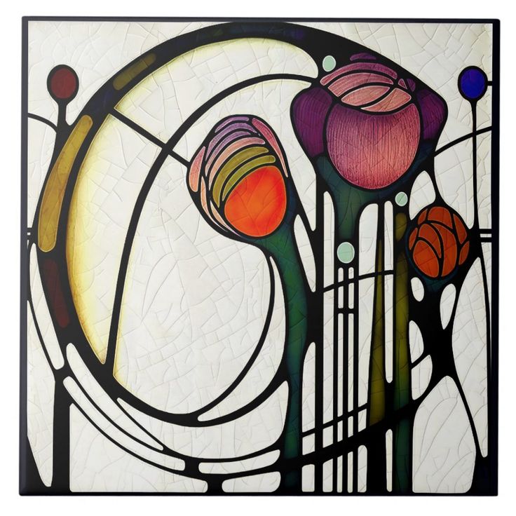 a stained glass window with flowers and circles in the center, on a white background