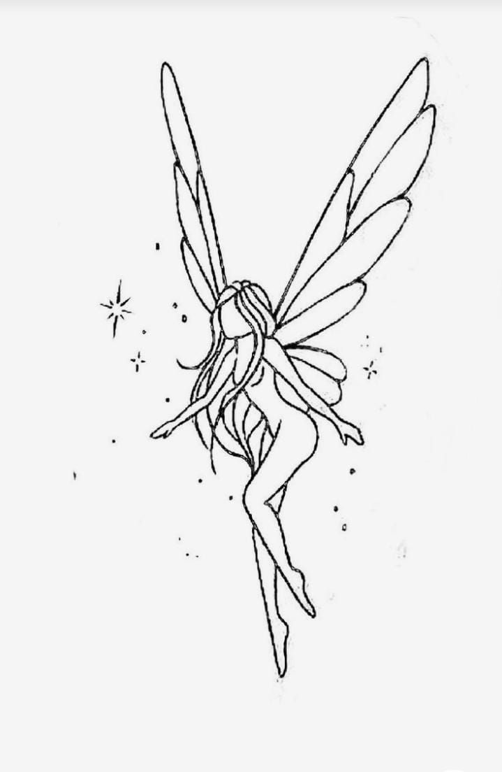 a black and white drawing of a fairy with stars in the sky above her head