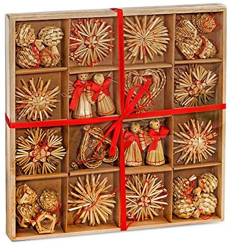 a wooden box filled with christmas ornaments