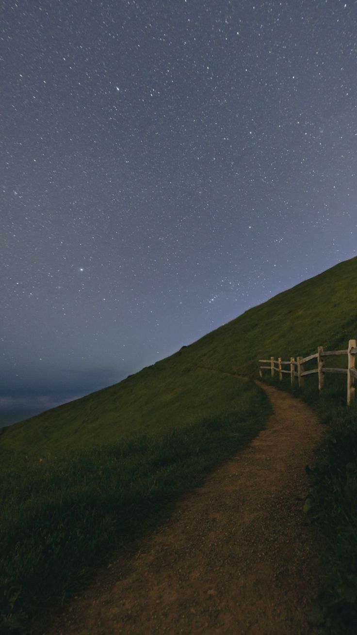 a path leading to the top of a grassy hill at night with stars in the sky