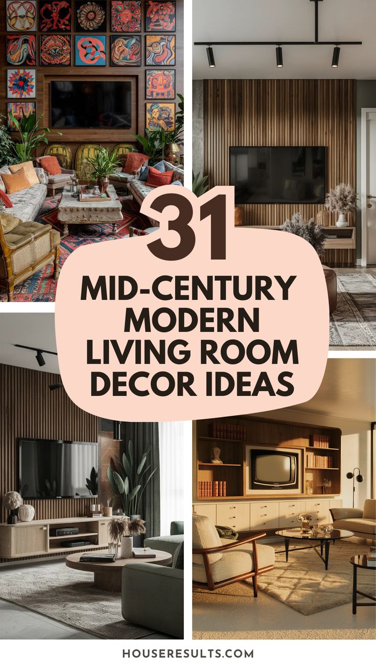 modern living room decor ideas with text overlay that reads 31 mid century modern living room decor ideas