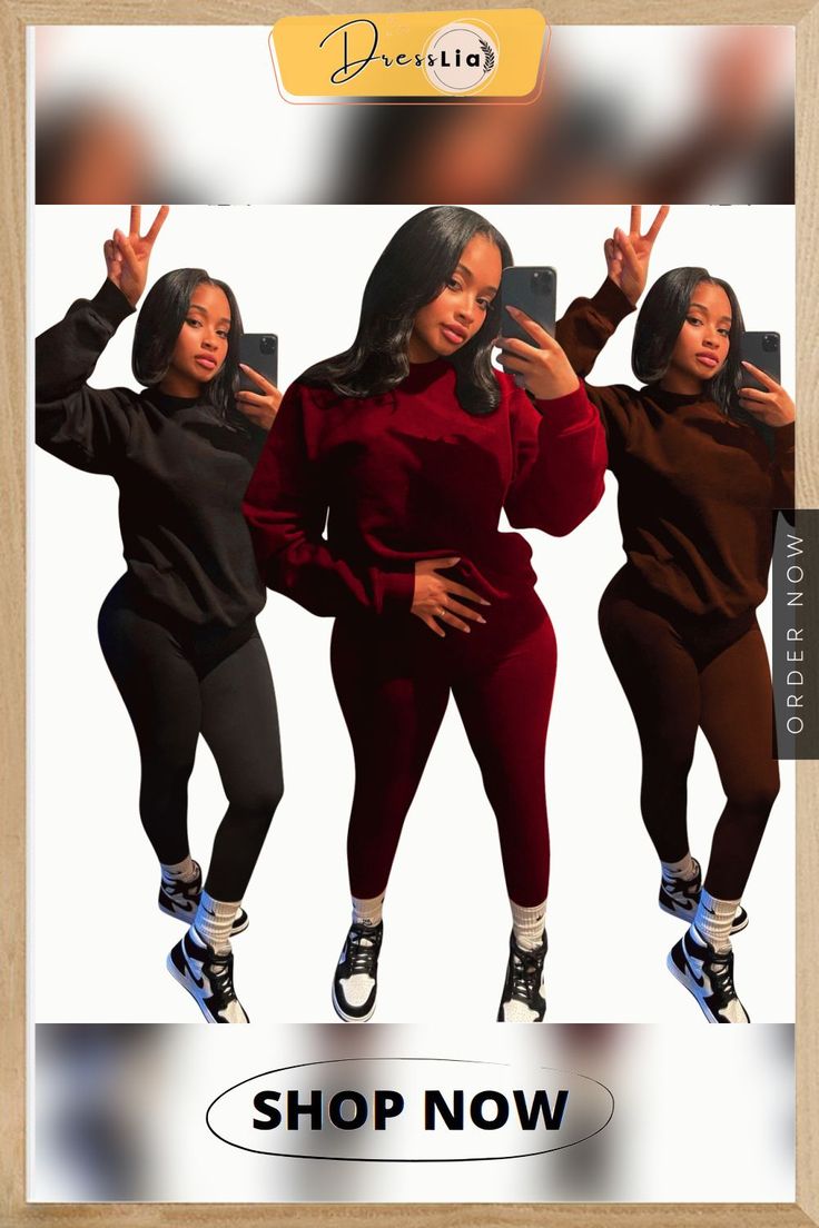 Long Sleeve T Shirt and Skinny Pants Tracksuits Fitted Crew Neck Set For Fall, Solid Color Matching Set For Fall, Two-piece Long Sleeve Tops For Fall, Fall Long Sleeve Matching Pant Set, Solid Color Stretch Sets With Crew Neck, Solid Color Stretch Crew Neck Sets, Womens Sets, Designer Tracksuits, Minimalist Winter