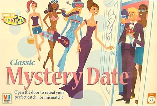 an advertisement for the classic mystery date board game on display in a store shelf with other items