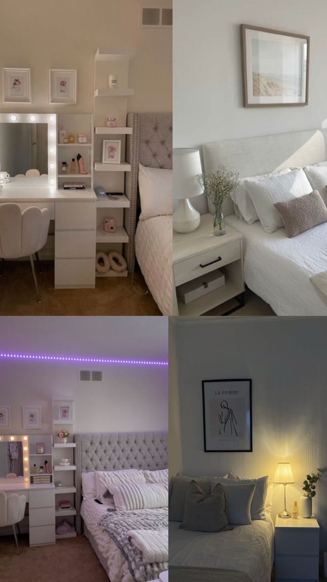 four different pictures of a bedroom with white furniture and decor, including a bed, desk, chair, mirror, lights