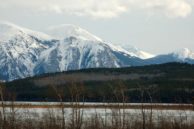 the mountains are covered in snow and trees