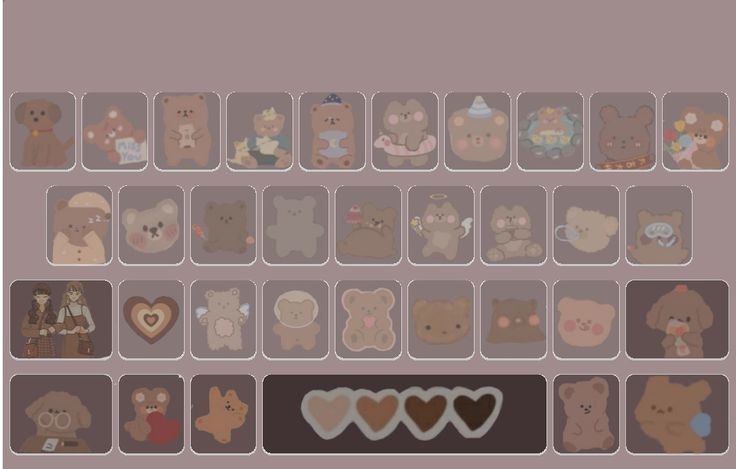 there are many different teddy bears on this computer keyboard, and one is missing the heart