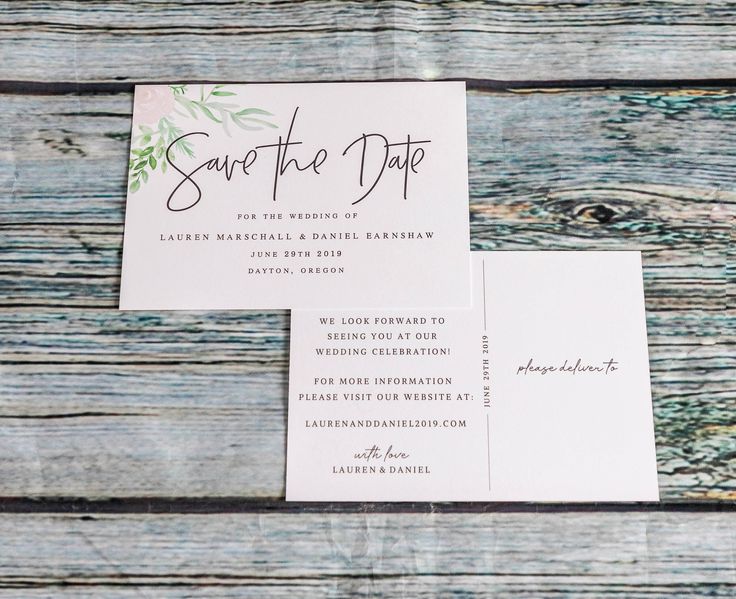 the save the date cards are printed on top of each other, with greenery in black ink