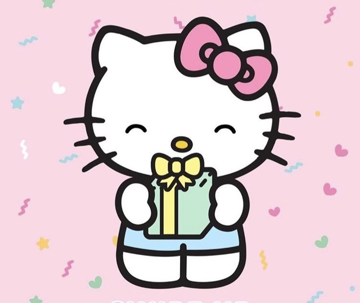 a hello kitty holding a gift box with the word hello kitty on it's side