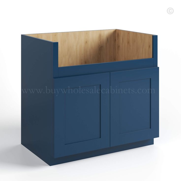 a blue cabinet with a wooden top