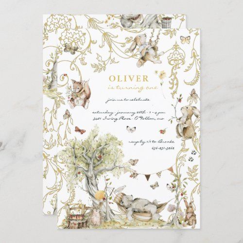 a white and gold wedding card with animals on the front, in an ornate frame