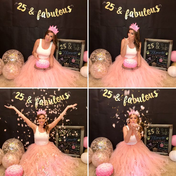 four photos of a woman in pink and white dress with balloons on her head, surrounded by confetti