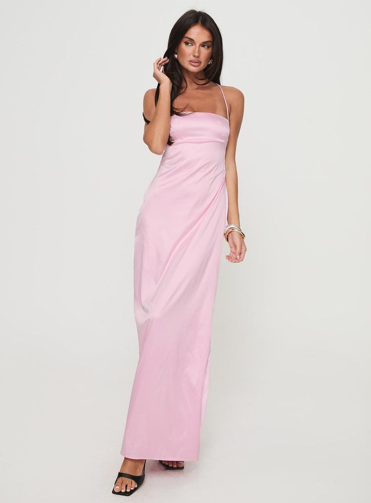 Roselyn Maxi Dress Pink Soft Pink Maxi Dress, Pink Prom Dresses Simple, Formal Pastel Dress, Pink Simple Dress, 90s Pink Dress, Pink Silk Bridesmaid Dresses, Baby Pink Silk Dress, Formal Pink Dress, Long Hoco Dress