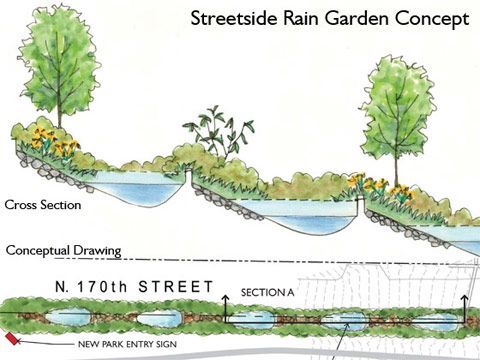 a diagram shows the various stages of planting in an urban garden, including trees and water