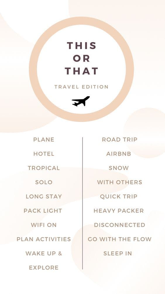 this or that travel guide is in the middle of a white and pink background with an airplane