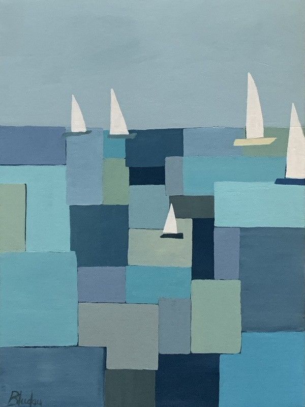 an abstract painting with sailboats floating in the ocean