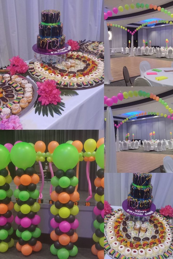 there are many different cakes and balloons on the table