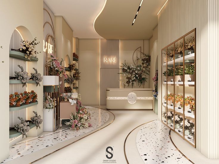 a room filled with lots of plants and flowers on shelves next to a bath tub