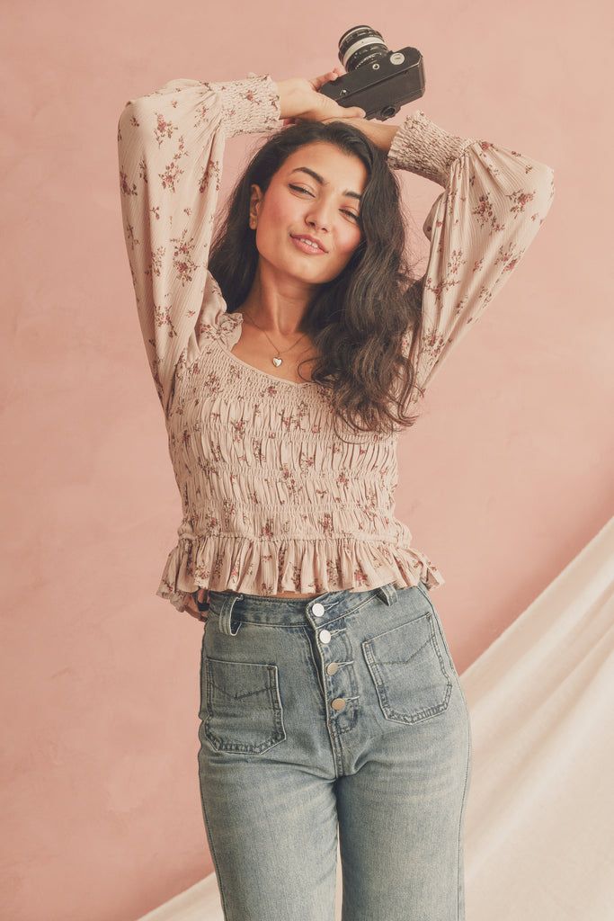 Details:  Top features smocked bodice, ruffle hemming on neckline, and smocked cuffs. Paired with amongst the evergreen trees pants and the love... Tops With Pants, Breath Of Youth, Romantic Tops, Fall Cardigan, Feminine Top, Butterfly Top, Butterfly Earrings Stud, Heart Top, Evergreen Trees