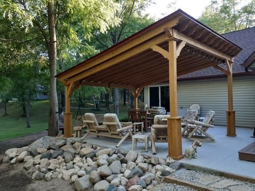 a covered patio area with chairs and tables