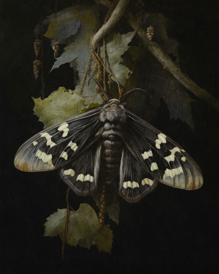 a large moth sitting on top of a leaf covered tree branch in front of a dark background