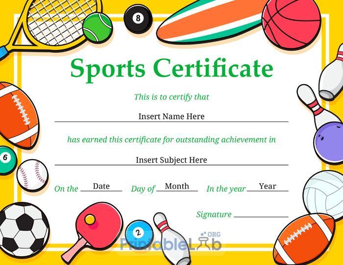 a sports certificate is shown with various items around it, including balls and tennis rackets