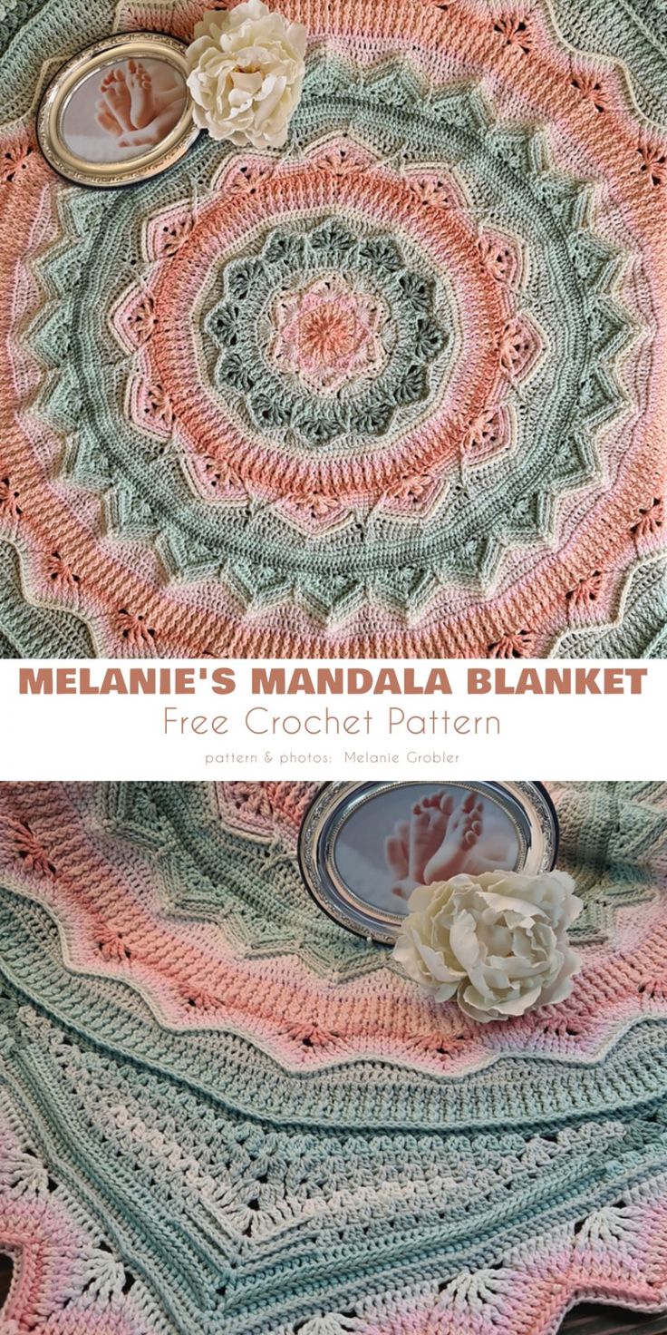 a crocheted blanket with flowers on it and the words melani's mandala blanket