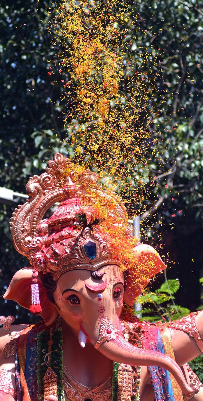 an elephant statue is covered in colored confetti as it looks to be celebrating