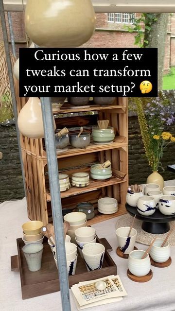 a table topped with lots of bowls and plates next to a sign that says curious how a few tweaks can transform your market setup?