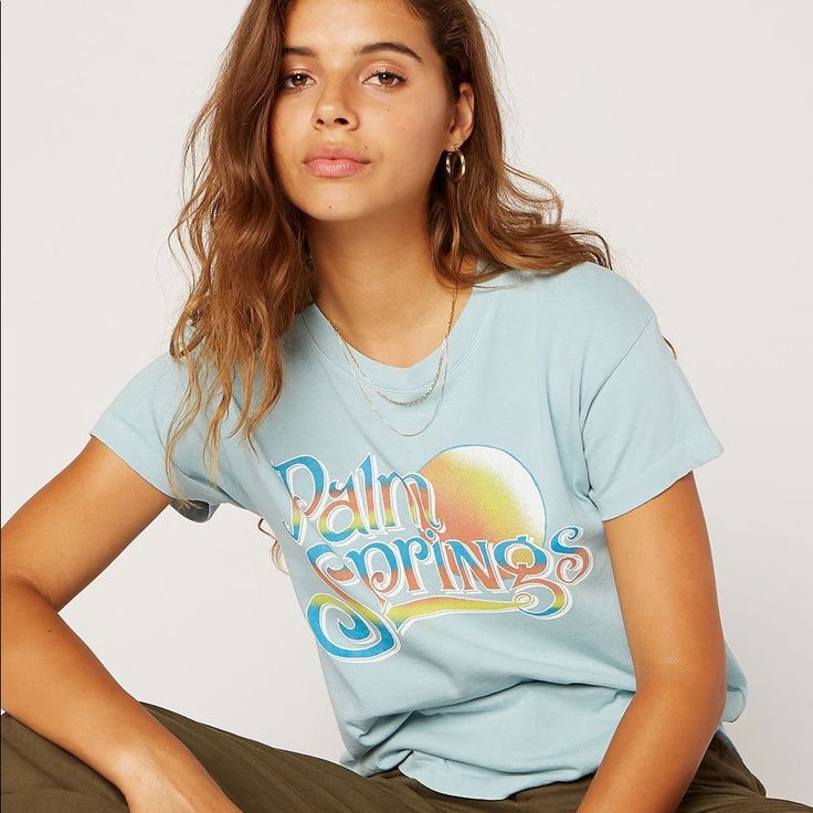 Daydreamer Blue Palm Springs Short Sleeve Cotton T-Shirt Size Small 100% Cotton Brand New With Tags Trendy Light Blue Spring T-shirt, Relaxed Graphic Print Tops For Spring, Light Blue Graphic Print Top For Loungewear, Light Blue Graphic Print Top For Spring, Light Blue Letter Print Top For Spring, Light Blue Letter Print Tops For Spring, Blue Summer T-shirt For Day Out, Blue T-shirt For Summer Day Out, Blue Graphic Tee For Loungewear