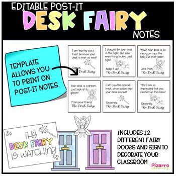 a poster with some notes on it and the words, editable post - it desk fairy