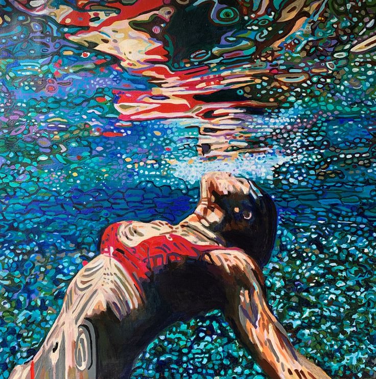 a painting of a man swimming in the water with his back turned to the camera