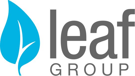 the leaf group logo is shown in grey and blue colors, with leaves on it