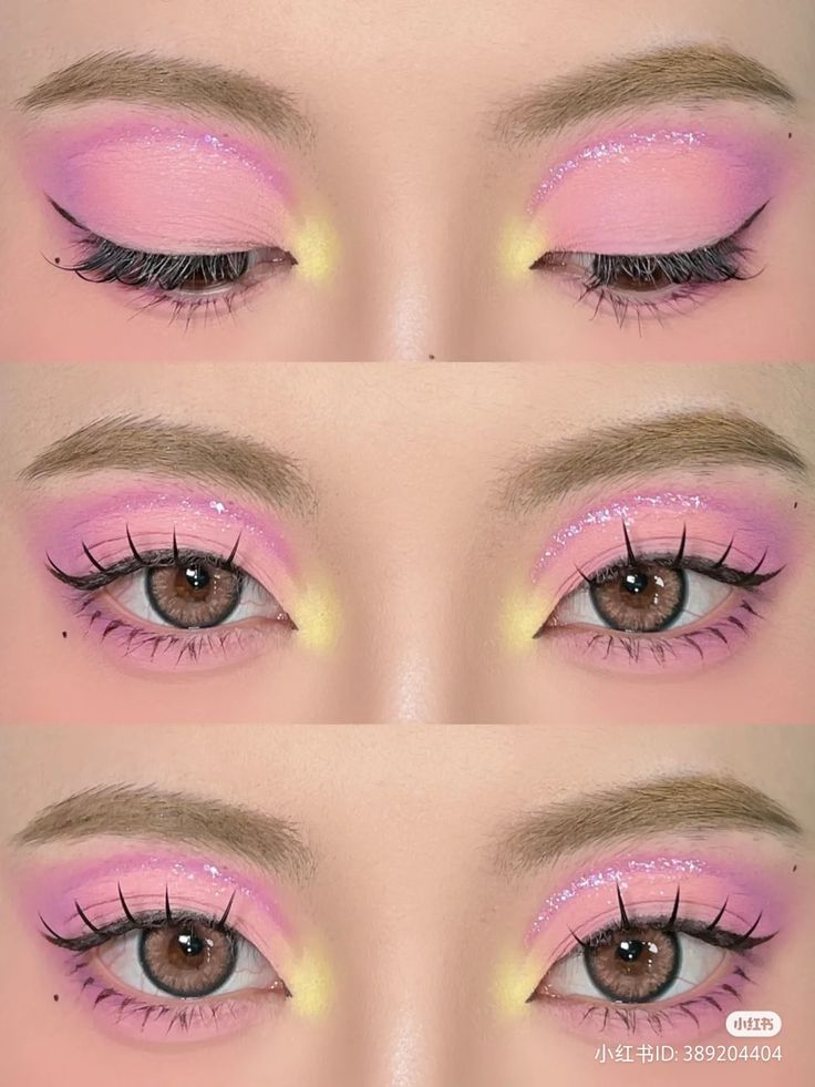 Three Color Eyeshadow Look, Princess Peach Eye Makeup, Magical Makeup Looks, Pastel Yellow Makeup, Rapunzel Inspired Makeup, My Melody Makeup Look, Kawaii Eye Makeup, Creative Makeup Looks Colorful, Piglet Makeup