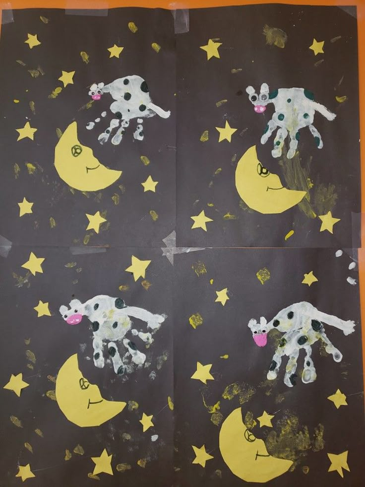 four pictures of cows on the moon and stars