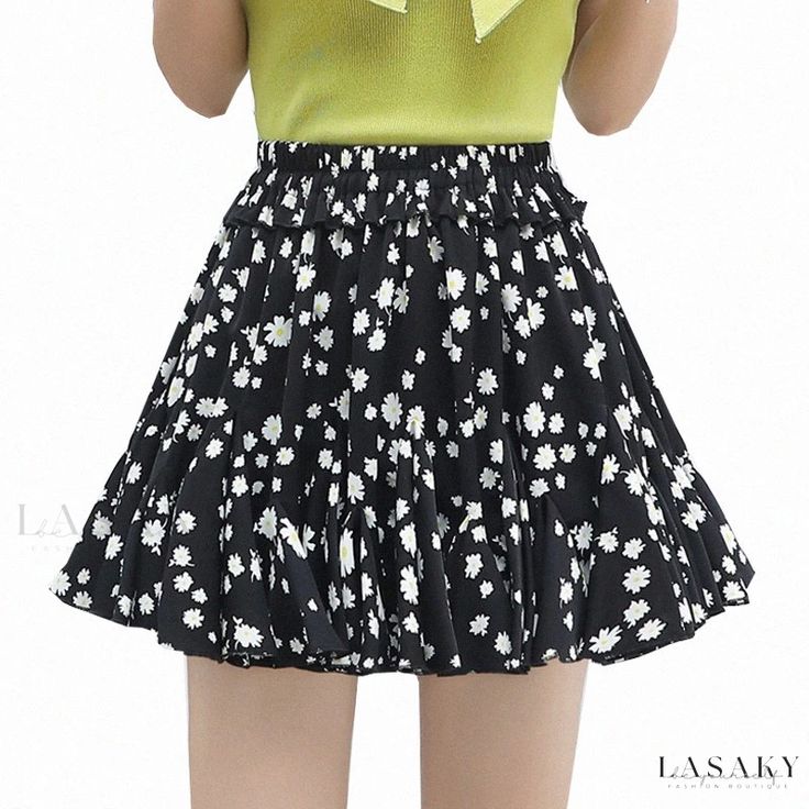 Lasaky - Floral Print Pleated Chiffon Skirt - Mini A-line Skirt with Slimming Fit and Ruffle Hem for Anti-Flash Protection Summer A-line Ruffled Skirt, Spring Chiffon Flared Skirt, Trendy A-line Summer Bottoms, Spring A-line Mini Skirt With Lining, Summer A-line Skort, Floral Print Tiered Pleated Skirt For Summer, Summer Flowy A-line Bottoms, Non-stretch Ruffled Skirt For Spring, Casual A-line Mini Skirt For Summer