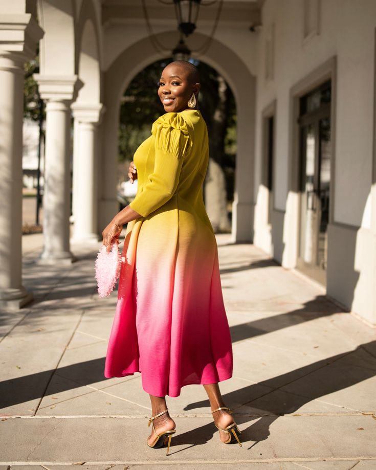 Unleash your inner fashionista with our LOOK 842 PLEATED OMBRE MAXI DRESS. With ultra-stretchy fabric and fine pleats, this dress offers a comfortable, flattering fit. The 3/4 sleeve adds a touch of elegance, and its one size design means it's perfect for everyone. one size fits all Fitted Ombre Maxi Dress For Evening, Spring Ombre Midi Dress, Chic Ombre Spring Dress, Chic Ombre Dresses For Spring, Spring Workwear Stretch Maxi Dress, Fitted Ombre Maxi Dress For Spring, Fitted Ombre Midi Dress, Spring Ombre Fitted Dress, Yellow Fitted Maxi Dress For Workwear