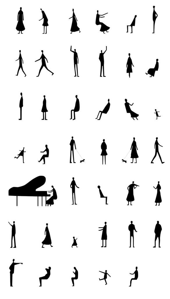 silhouettes of people and animals in various poses, with one person standing next to the piano