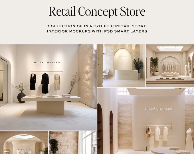 the interior of a retail store with white walls and flooring is shown in multiple photos