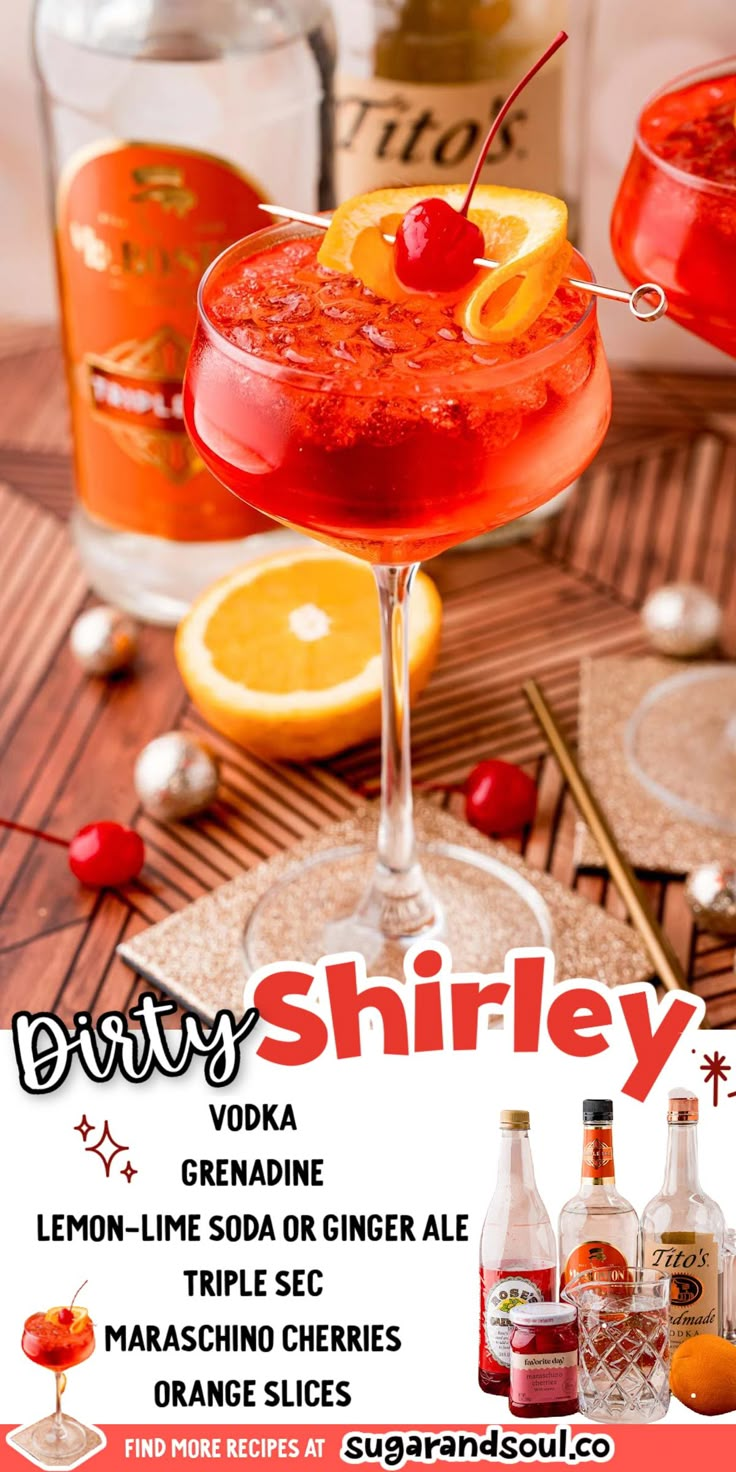 an advertisement for a drink called shirley, with orange slices and vodka bottles in the background